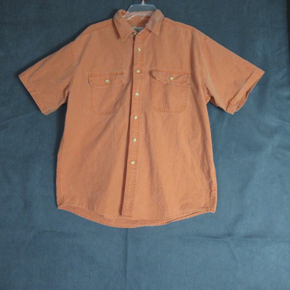 LL BEAN Shirt Mens Large Orange Button Up Short Sleeve Casual Preppy Rustic